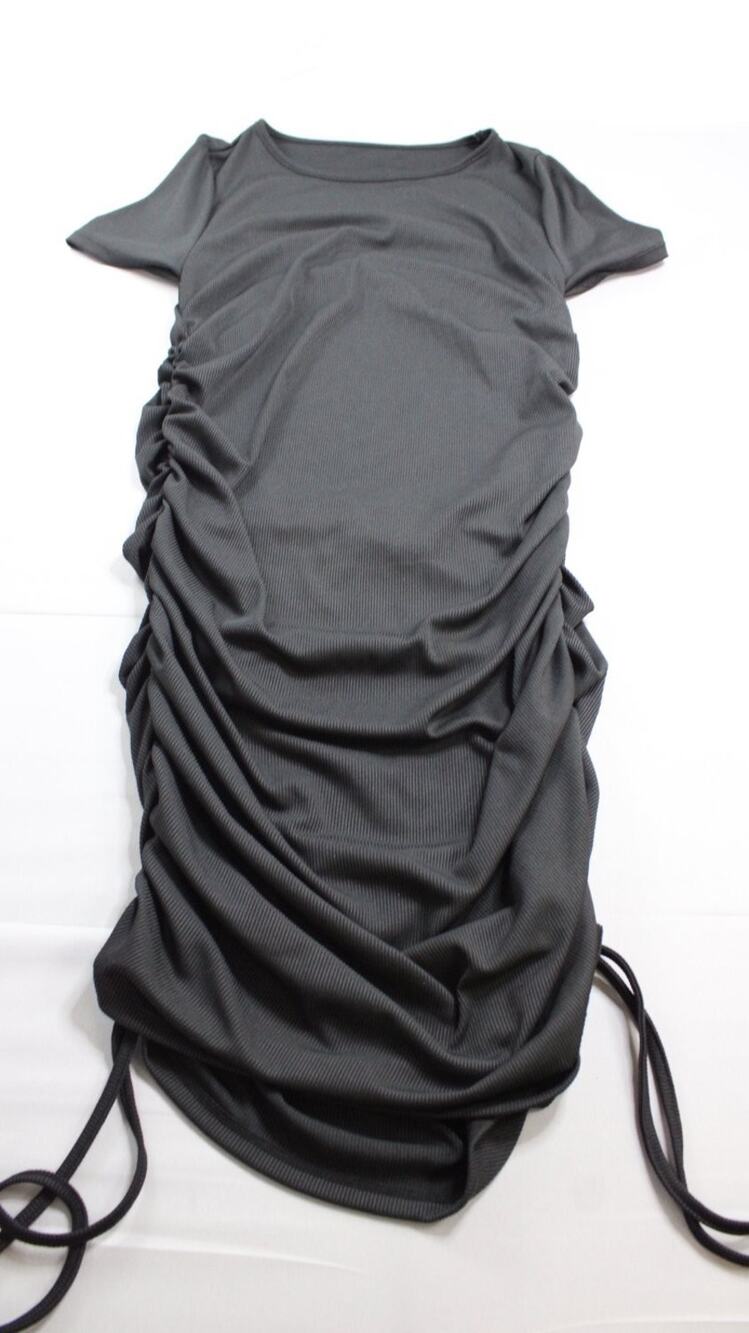 Ruched Bodycon T-Shirt Dress Womens L Black Ribbed Drawstring Short Sleeve